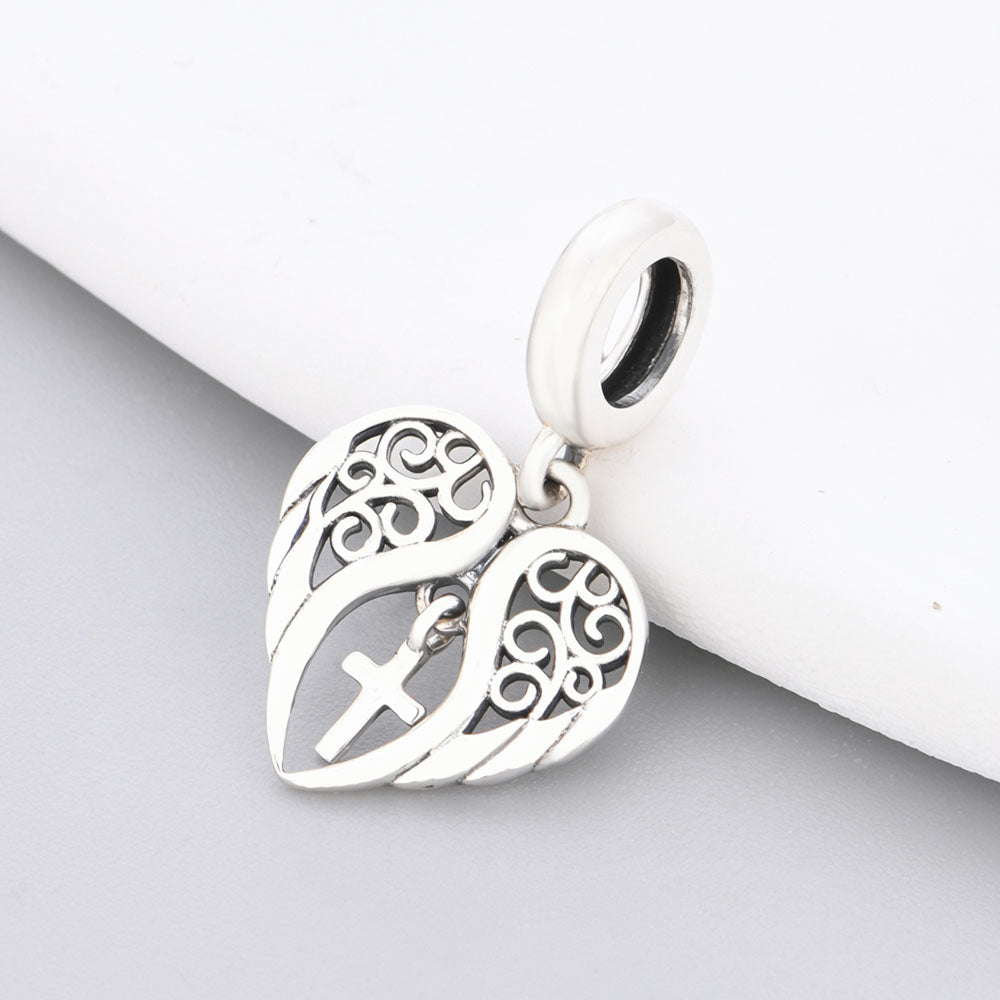 "Heavenly Guardian" Angel Wings Cross Dangle - 925 Silver Heart Charm