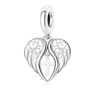 "Heavenly Guardian" Angel Wings Cross Dangle - 925 Silver Heart Charm