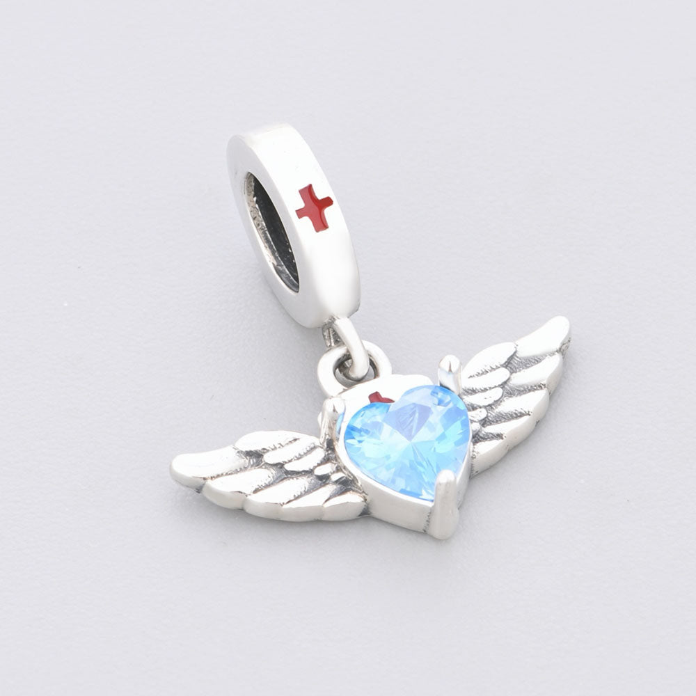 "Healing Wings" Nurse Angel Dangle - 925 Silver Blue Heart Charm