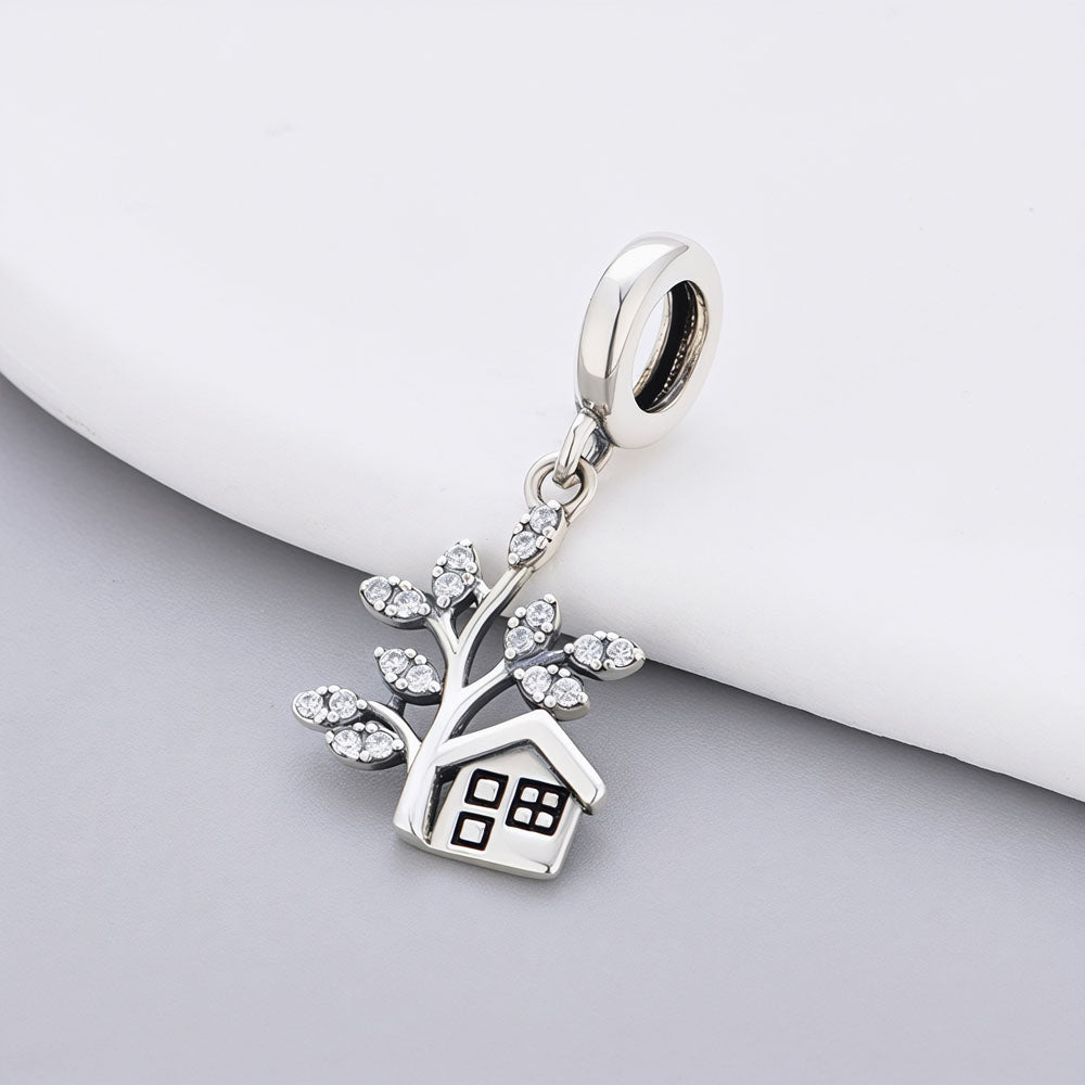"Home Sanctuary" Tree & House Dangle - 925 Silver Sparkling Leaf Charm