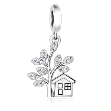 "Home Sanctuary" Tree & House Dangle - 925 Silver Sparkling Leaf Charm