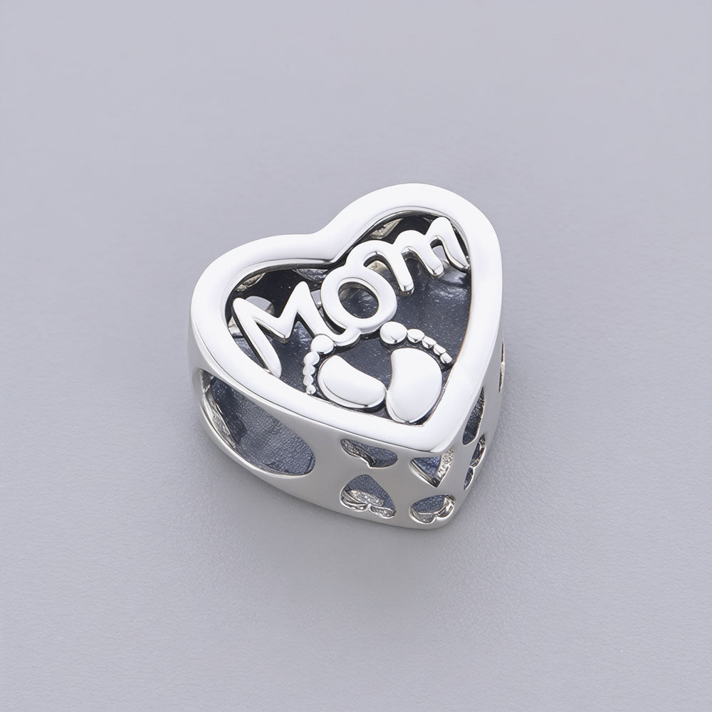 "Mother's Love" Footprints Heart Charm - 925 Silver Mom Gift