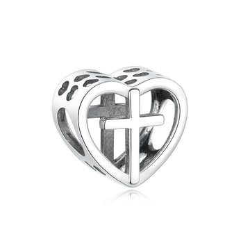 "Sacred Core" Cross Heart Bead - 925 Sterling Silver Faith Charm