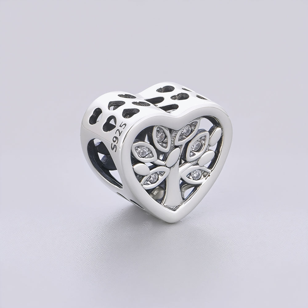 "Ancestral Echoes" Family Tree Heart Charm - 925 Silver Sparkling Leaf Bead