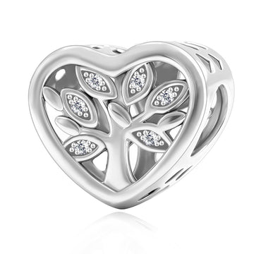 "Ancestral Echoes" Family Tree Heart Charm - 925 Silver Sparkling Leaf Bead