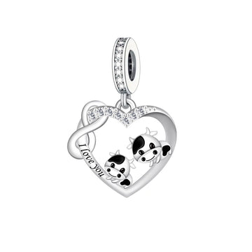 "Infinite Moo" Cow Family Dangle - 925 Silver I Love You Heart Charm