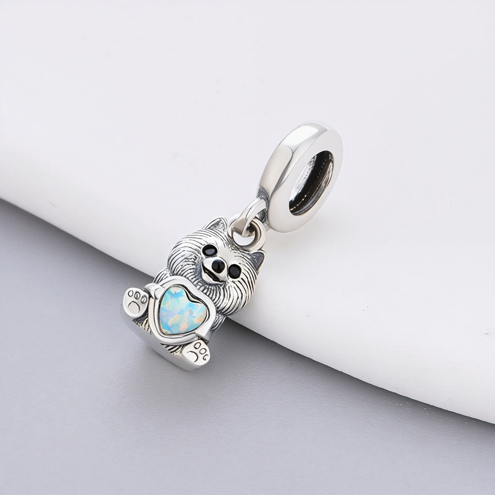 "Fluffy Joy" Pomeranian Dangle - 925 Silver Opal Heart Puppy Charm