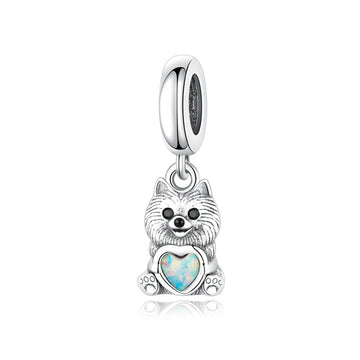 "Fluffy Joy" Pomeranian Dangle - 925 Silver Opal Heart Puppy Charm