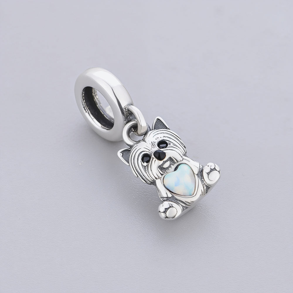 "Silk Spirit" Yorkie Dangle - 925 Silver Opal Heart Puppy Charm