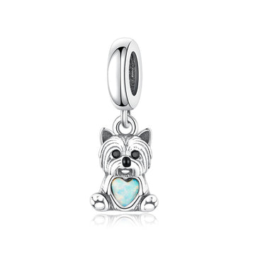 "Silk Spirit" Yorkie Dangle - 925 Silver Opal Heart Puppy Charm