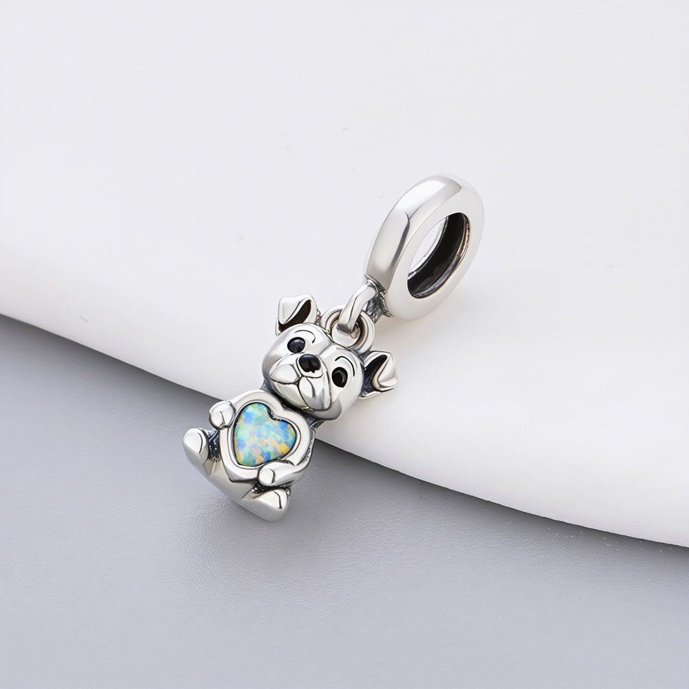 "Loyal Glow" Bulldog Dangle - 925 Silver Opal Heart Companion Charm