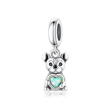 "Loyal Glow" Bulldog Dangle - 925 Silver Opal Heart Companion Charm