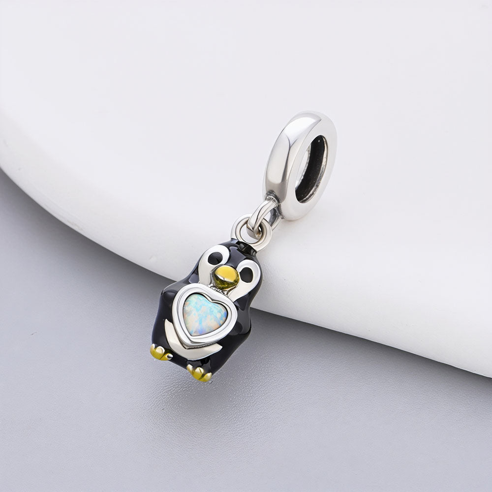 "Frozen Heartbeat" Penguin Dangle - 925 Silver Opal Heart Charm