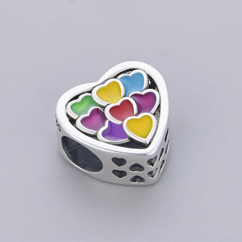 "Spectrum of Love" Heart Charm - 925 Silver Multi-Color Enamel Bead