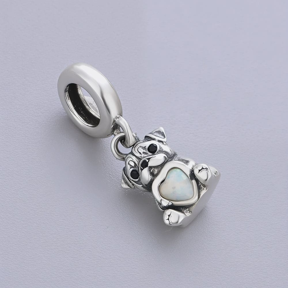 "Soulful Pug" Heart Dangle - 925 Silver & Shimmering Opal Charm