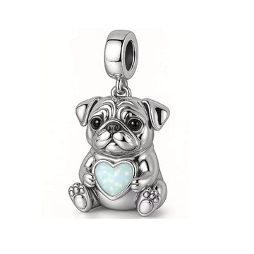 "Soulful Pug" Heart Dangle - 925 Silver & Shimmering Opal Charm
