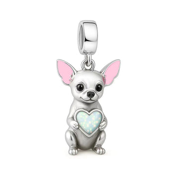 "Tender Guardian" Chihuahua Dangle - 925 Silver Opal Heart Charm