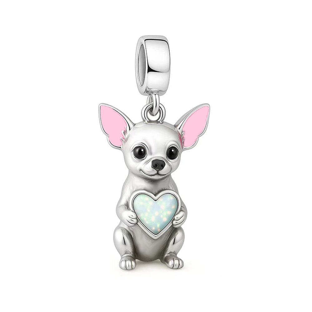 925 Sterling Silver Chihuahua dangle charm holding an iridescent opal heart