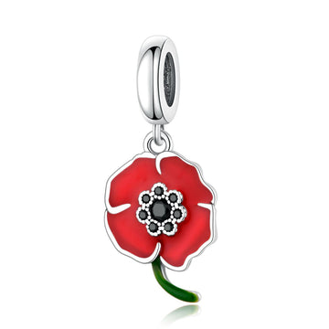 "Eternal Remembrance" Poppy Flower Dangle - S925 Silver Red Enamel