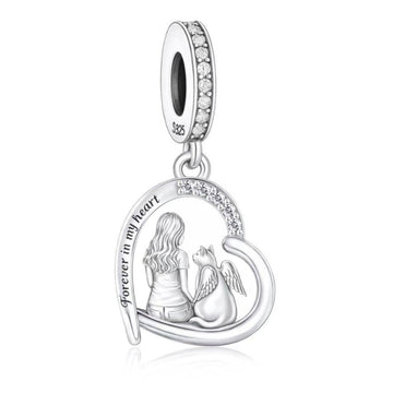 "Soulmate Serenity" Girl & Angel Cat Dangle - 925 Silver Heart Charm