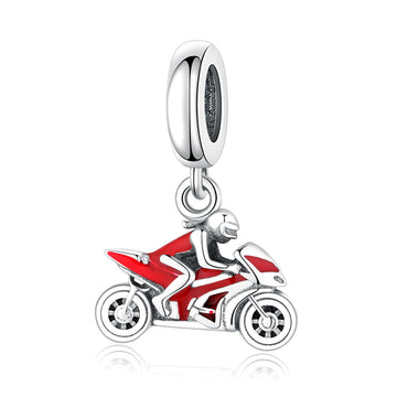 "Speed Echo" Racing Motorcyclist Dangle - S925 Silver Red Enamel
