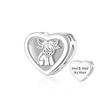 "Herd & Hold" Highland Cow Heart Bead Charm - 925 Sterling Silver