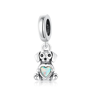 "Loyal Resonance" - 925 Sterling Silver Labrador Dog Heart Opal Dangle Charm