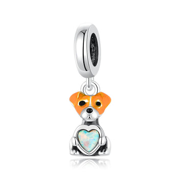 "Vibrant Resonance" - 925 Sterling Silver Jack Russell Dog Heart Opal Charm