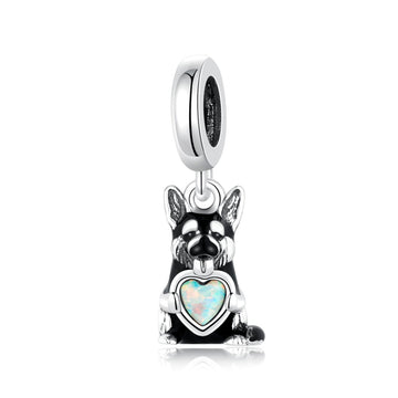 "Noble Resonance" - 925 Sterling Silver German Shepherd Dog Heart Opal Charm
