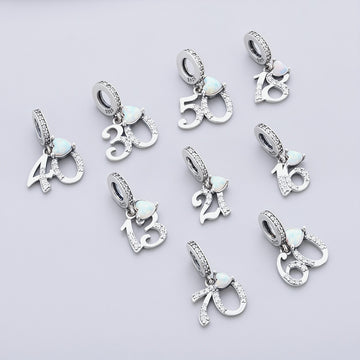 "Milestone Glow" Birthday Number Dangle - S925 Silver Heart Opal