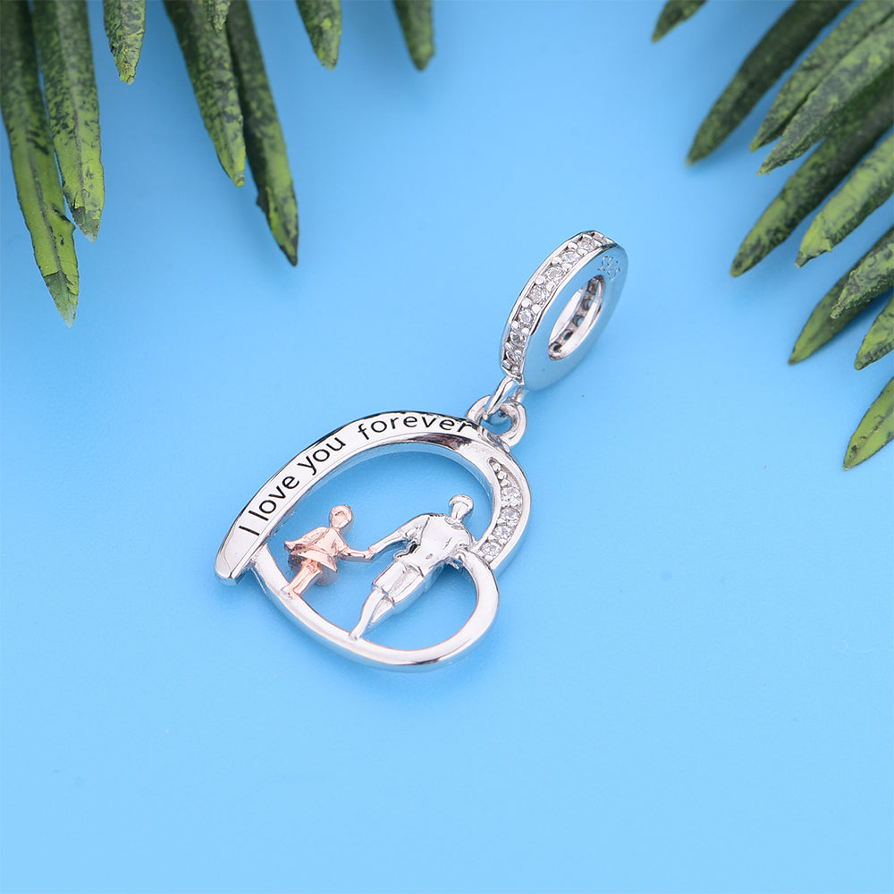 "The Gentle Guide" Father & Daughter Walking Heart Dangle Charms-Two-Tone Silver