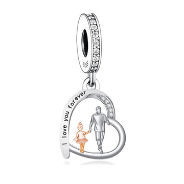 "The Gentle Guide" Father & Daughter Walking Heart Dangle Charms-Two-Tone Silver