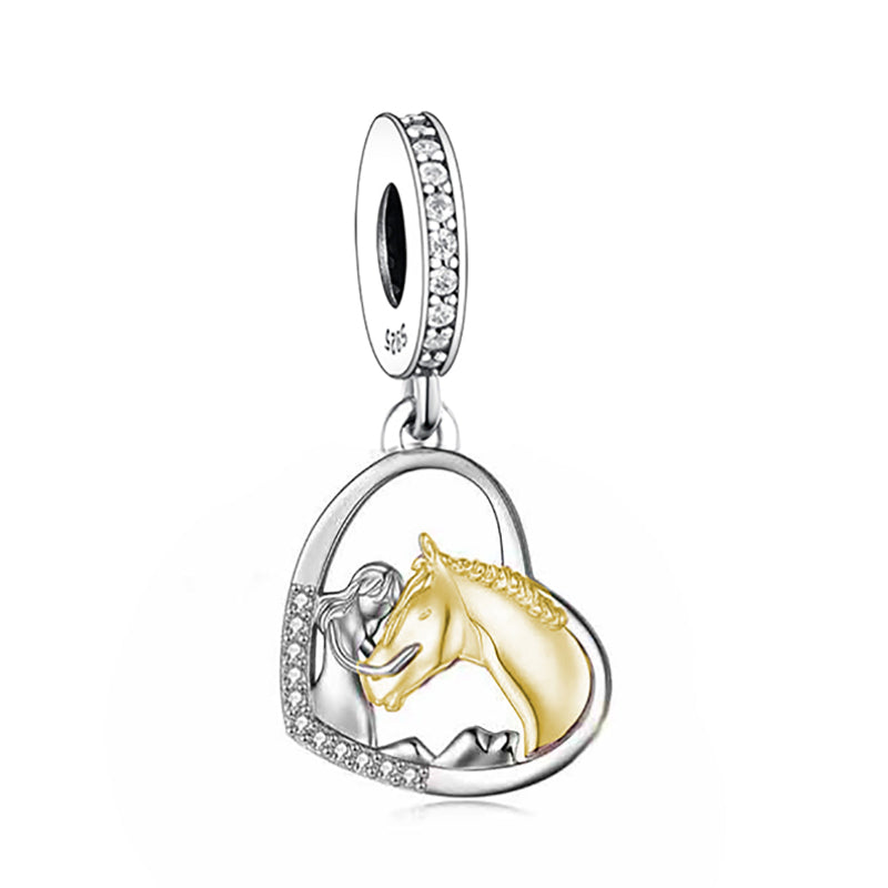 "Spirit Bond" Girl & Horse Heart Dangle Charm - Two-Tone 925 Silver