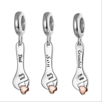 "The Fixer’s Heart" Wrench Dangle Charms - 925 Silver Dad Son Grandad